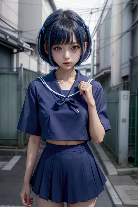 Japanese middle school student cute pretty girl idol petite, slender style, short cut with big bust, super sexy, short sleeve, hidden length, blue sailor suit with hidden bust, super small mini length skirt