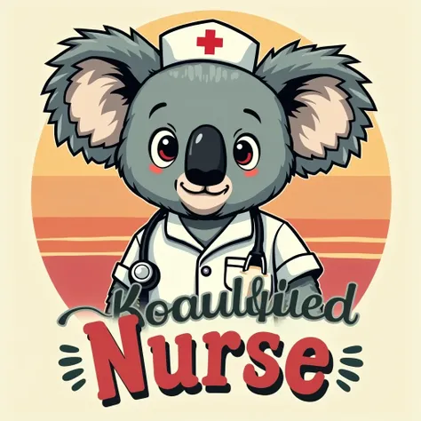 A retro-style illustration of a koala wearing vintage nurse attire, complete with a nurse’s cap and stethoscope, set against a warm, sunburst background with muted pastel colors. The text "Koalified Nurse" is displayed in a playful retro font below the cha...