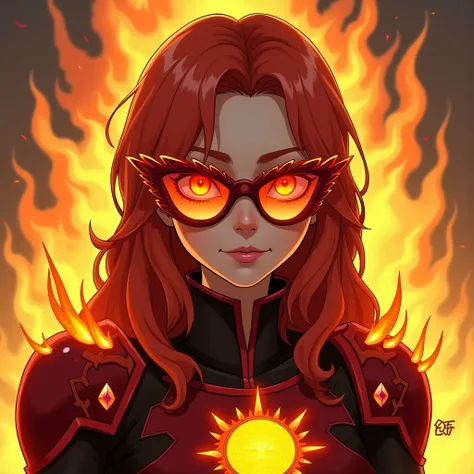  Mavuika is a tall woman with fair skin and red eyes with yellow sun shapes around her pupils.  She red ones that reach the knees ,  the tips of this hair resemble flames of fire .  I want this woman taking off her glasses , but not completely,  with just ...