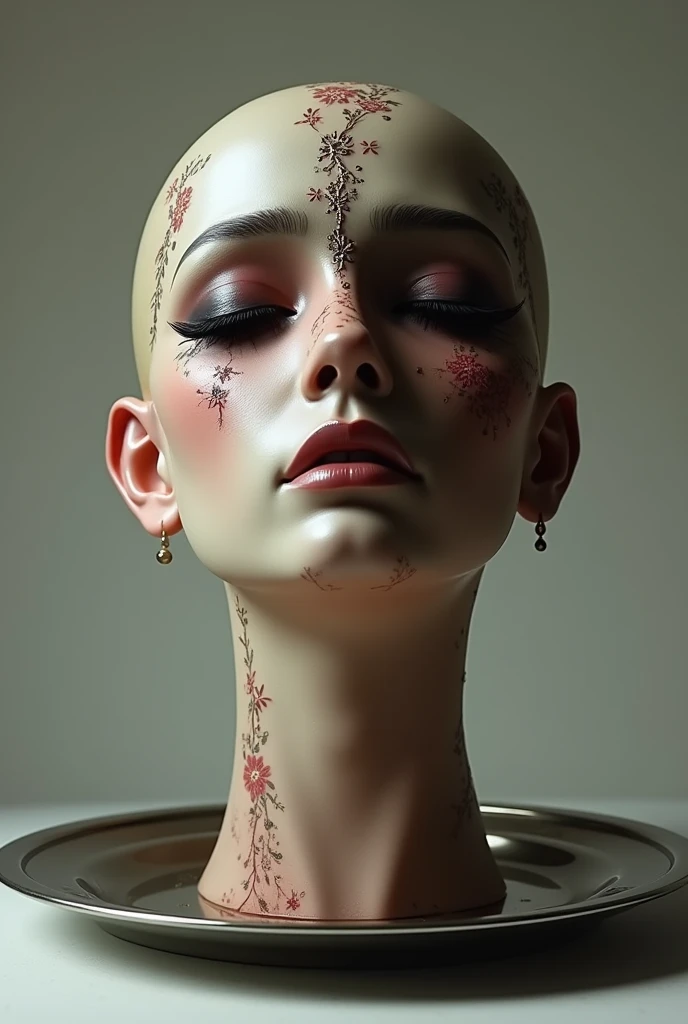 ((Indian Bride Disembodied head with beautiful face wearing makeup)), severed head on platter, looking away from camera, eye closed, frown, extremely detailed skin texture, best quality, natural light