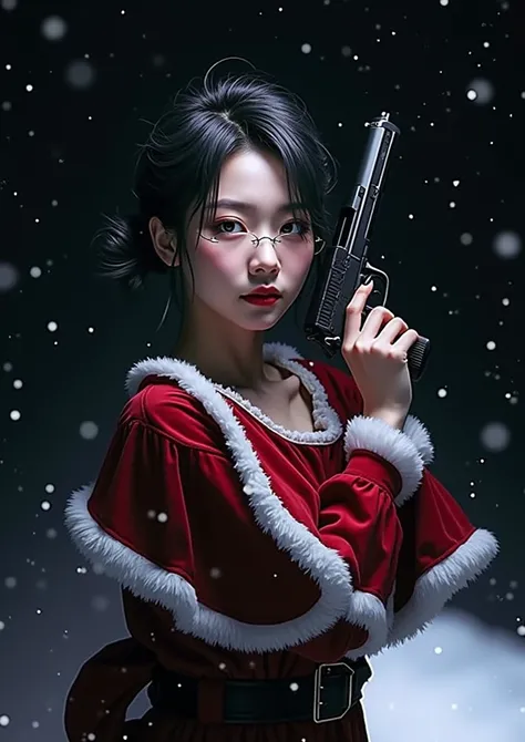 Christmas Night、 its snowing 、1 Japanese girl in Santa Claus costume,Alone, Glasses、 smiles lightly, Hold a gun, Black Hair Color, unique hairstyle,  perfect eye details ,  black background、(masterpiece:1.1), ( best quality:1.1),  full body,  shorthair,  g...