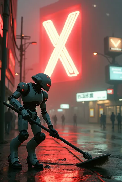 concept art, retro photography from the 60s, Bot sweeping, a giant neon letter X in the background


