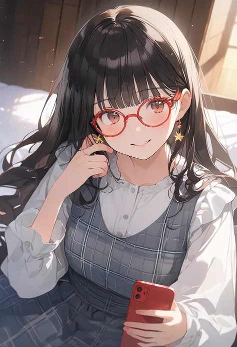 1girl, , brown eyes are shining and cute, black hair, long hair, extremely detailed neat hair,Straight hair, tareme, ((red-rimless eyewear:1.2)), star earrings, medium breasts, smile, blushful,
BREAK
long sleeves, sitting, white shirt, black pantyhose, sle...