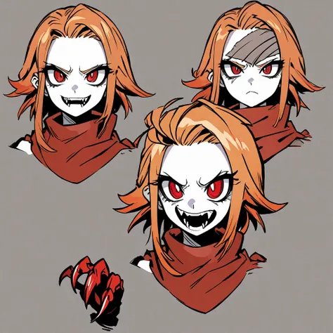  a girl, Alone,  short hair,  Orange hair , pale white skin, red claws, fangs, bandage like underwear ,  claw scar on the belly , big locks on the forehead concept art style,  simple background , short stature