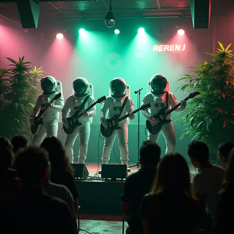 heavy mental band of 5 astronauts, performing in a bar, decorated with marijuana plants