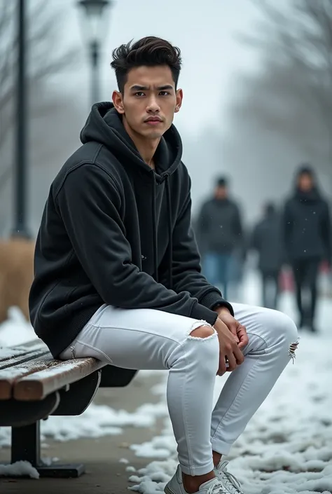 professional photography, a handsome Korean man, trendy hair, sitting alone on a park bench. wearing a short-sleeved black and white hoodie, tight white jeans ripped at the knees, 
white sneakers, reflecting his harsh living conditions. All around him, peo...