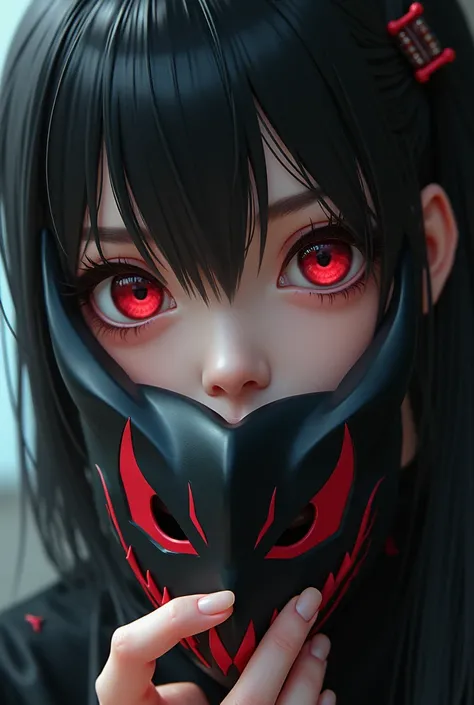 black red oni mask in hand ,half anime half real woman face close up