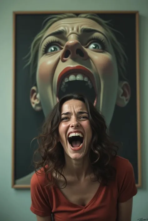 Woman standing in front of a screaming picture and screaming