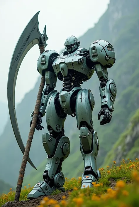 Epic image of a highly technological cyberpunk humanoid robot, mecha model, holding a giant scythe fused to its arm, the entire robot has several multiple plates and technological parts, the character is in a valley/field of nature, composed with vibrant c...