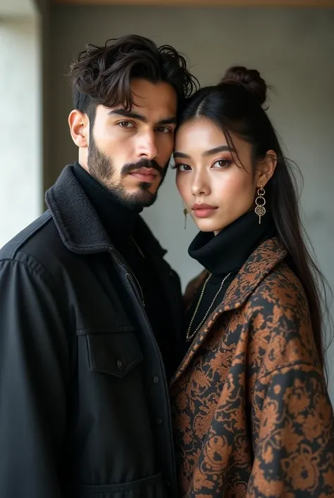 Arab man and asian woman   wearing Ulzzang Fashion doing a Photoshoot (detailed_face:1.2)