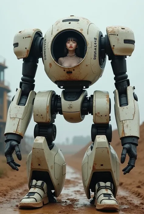 Live action, real, humanoid robot type power suit for heavy machinery like construction work, 3 meters long, young cute Japanese  girl riding, sheer long sleeve leotard type pilot suit, 3 meters long, black joints and white base, camera lens 2 poked face, ...