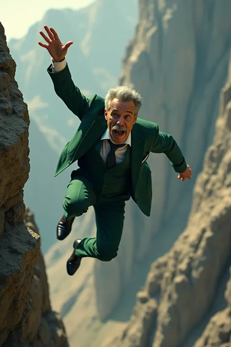 A middle-aged gentleman wearing a green suit falling from a rock