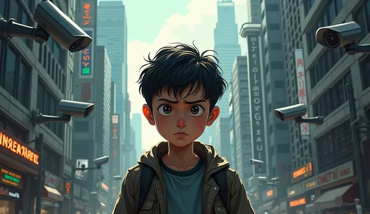 A worried boy in a city of buildings with surveillance cameras everywhere 