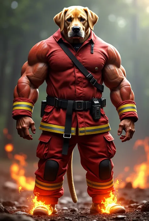 
fusion: Military Firefighter  + Labrador muscular anthropozoomorphism FoR
" An imposing and heroic being ,  combining a military firefighter and a Labrador . The body is bulky,  with well-defined muscles and pulsating veins under the golden skin.  The hea...