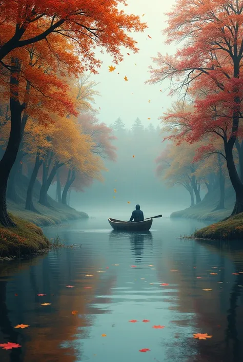 Autumn landscape, lake in the forest,  falling leaves from trees, light rain is dripping , man is sailing by boat