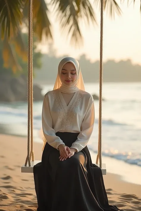  A young woman,  sits gracefully on a white swing .  She wears a delicate, long hijab , embroidered blouse and long black skirt .  The background features a sandy beach with gentle waves and gentle trees.  Emphasize her warm smile and calm beach atmosphere...