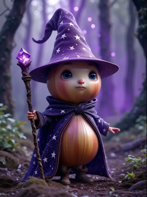 Extra Long Shot,  An onion with human-like characteristics ， dressed in a mysterious magician costume ， including a purple pointed hat and a robe with a star pattern 。 The character has deep eyes ， expression mysterious unfathomable 。 holding a magic wand ...