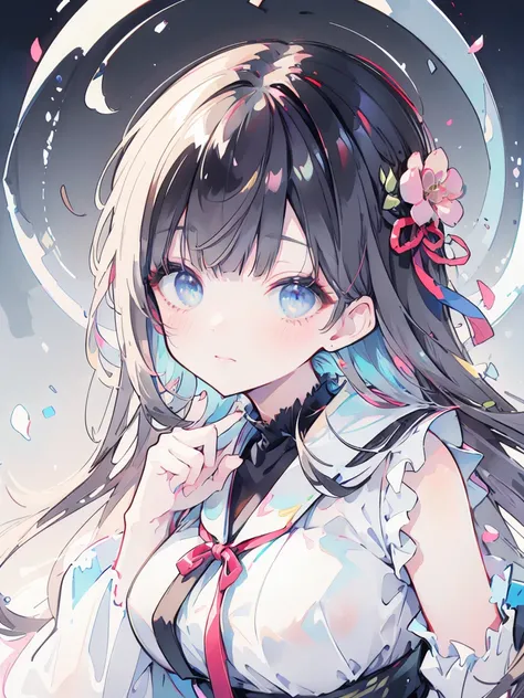  pretty girl、 black hair、 hair to hide one eye,  Split Bangs , Super long hair,  deco bangs, Japanese hairstyle,  Big Breasts , ribbon, 、 high definition ,  turning your gaze ,  blush, masterpiece, 最 High Quality , accurate,  High Quality ,  Ultra High Def...