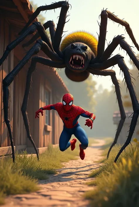 
 Spiderman outside a wooden country house ,  with a shocked and funny facial expression , is jumping backwards .  A giant Spider ,  with a creepy bright yellow and black body ,  appears to attack the spiderman shorts .  The background features a simple ru...