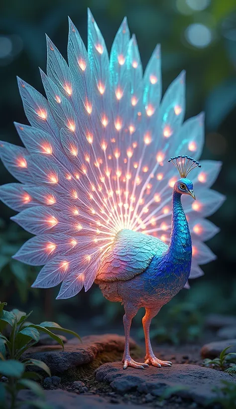 A vibrant peacock with feathers displaying opalescent hues, shifting between pink, blue, and green as they catch the light. Its tail fan looks like a cascade of glowing opal stones.

