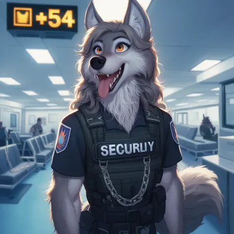 score_9, score_8_up, score_7_up, score_6_up,  adult, Anthropomorphic, wolf, black airport security shirt, harness, airport cargo room, Chain collar,long haired, wavy hair, Disney art style, human body, safety gear, tactical uniform, reflective Stripes, fac...