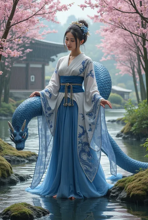 A graceful Mother of Dragons inspired by Japanese mythology, standing in a serene bamboo forest surrounded by cherry blossoms. She wears a flowing blue and white kimono adorned with intricate dragon patterns. Her obi is styled with ocean wave motifs, and a...