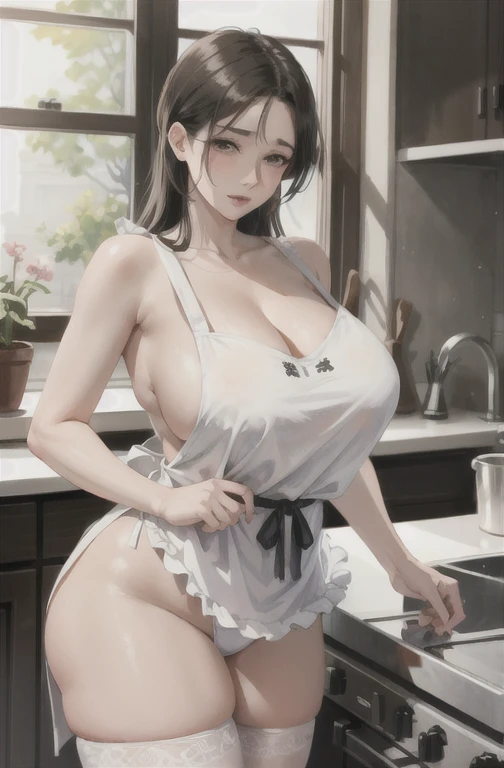  A tall and beautiful mature woman with a confident expression,  showing her thighs and shoulders ,   plump body ,  has leaking breasts ,  big boobs, Ball head ,  wearing a naked apron , Human wife , picture,Red face , ahegao,  has semen on her apron .