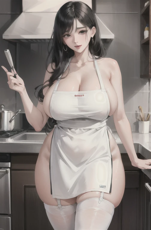  A tall and beautiful mature woman with a confident expression,  showing her thighs and shoulders ,   plump body ,  has leaking breasts ,  big boobs, Ball head ,  wearing a naked apron , Human wife , picture,Red face , ahegao,  has semen on her apron .