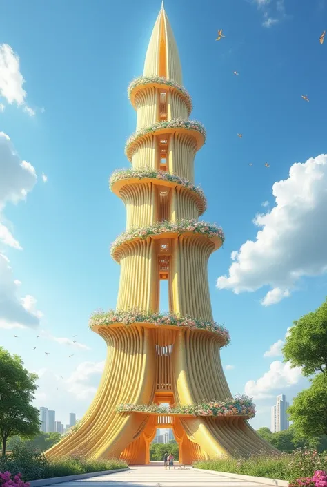 A tall building that looks like hanging rings and a pointed top, the building should be golden with flowers in the corners. 