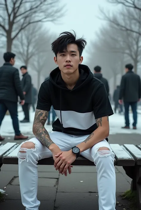 professional photography, a handsome Korean man, trendy hair, sitting alone on a park bench. wearing a black and white short sleeve hoodie, black watch, 
a few tattoos on his arms, his tight white jeans ripped at the knees, 
white sneakers, reflecting his ...