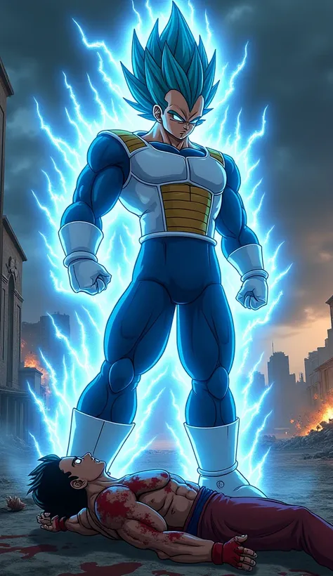 Vegeta, in his Super Saiyan Blue form, stands over the lifeless, battered body of Goku in the middle of a shattered, apocalyptic landscape. His glowing blue aura crackles with intense energy, reflecting his overwhelming power, while his expression is cold ...