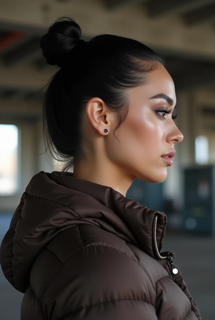 Side selfie RafaElibar woman 30 years old , French,  black hair tied in a bun and a loose tuft ,  small black eyes ,  Thick lips,  highlighter on cheekbones and teardrop wearing a dark brown puffer coat with a light brown lining.  in the background , . The...