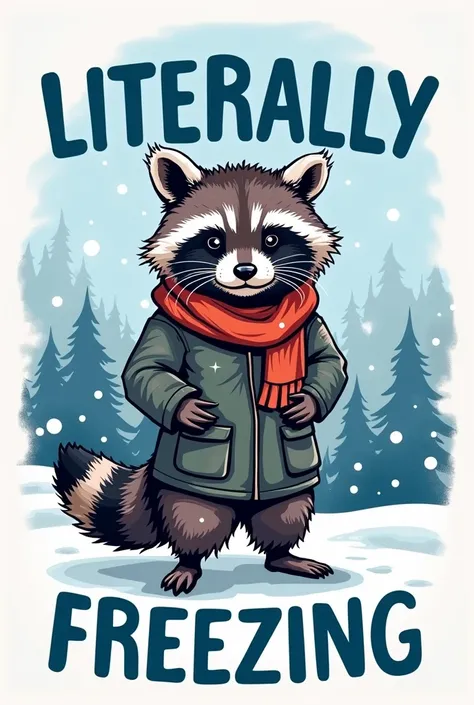 a T-shirt design with an illustrated raccoon wearing winter , the text "LITERALLY" in blue letters on top of the T-shirt design and the text"FREEZING" in blue letters on bottom of the T-shirt design,


