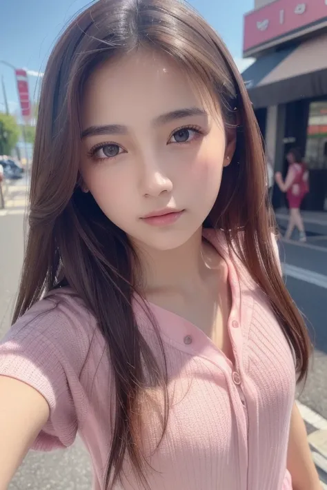 8k,  best quality,   Masterpiece ,  super high resolution, ( realism: 1.4), Original photo, ( realistic skin texture : 1.3), ( Film Grain: 1.3), ( selfie angle ),  1 girl,  pink clothes , Beautiful Face Details,   Masterpiece ,  best quality, close-up, Top...