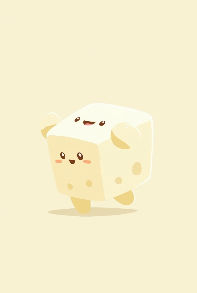 Tofu, carton, with small eyes, and mouth, and sticky hand and leg