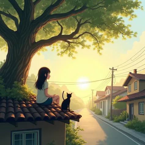 Create a serene image of a girl with a small black cat sitting on a roof, gazing at the sky. Opposite them is a big, old tree with sprawling branches. Below, there is a deserted street bathed in the soft, warm light of the afternoon sun. The scene depicts ...