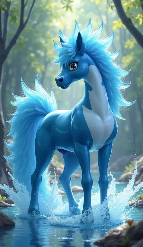 "Design a magnificent hybrid creature combining the strength and elegance of a horse with the water abilities of Piplup. The creature should have the graceful, muscular body of a horse, with a sleek coat shimmering in shades of blue, while its tail should ...