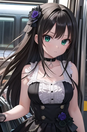 rinshibuya, Rin Shibuya,  black hair, (Green Eyes:1.5),  long hair,
break black Gloves,  black gothic dress  (Idolmaster), black ribbon, black  shirt,  choker, clavicle, Gloves,  hair flower,  hair ornament, hair ribbon, Idol, Purple Flower, ribbon,  shirt...