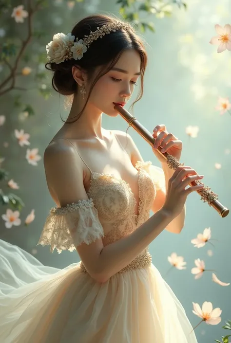  using flute wearing a nice dress