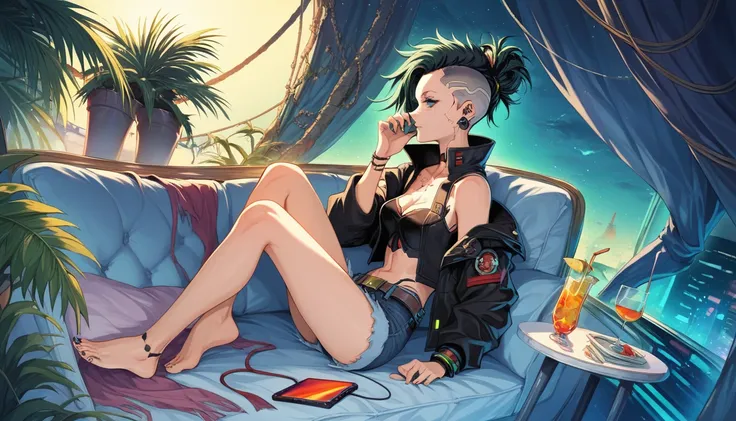 anime girl sitting in a chair with headphones on and a cell phone, inspired by Tomer Hanuka, modern cyberpunk anime, by Tomer Hanuka, cyberpunk femme fatale, jet black haired cyberpunk girl, cyberpunk anime art, beautiful female neuromancer, in cyber punk ...