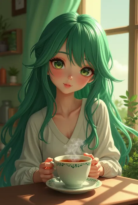  green hair　woman　I have tea