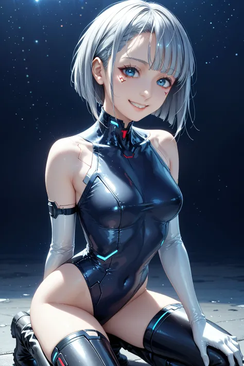   best quality、   Masterpiece 、  Ultra High Definition Cyberpunk City Overlooking 、（ Photographically ：1.4）、Ultra High Definition Cinema  、 dynamic pose 、  girl、 Silver Haired Short Bob Cut 、whole body、smile、1 person、   blue eyes、 Metallic White High Neck ...