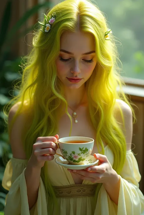  yellow-green hair　woman　I have tea