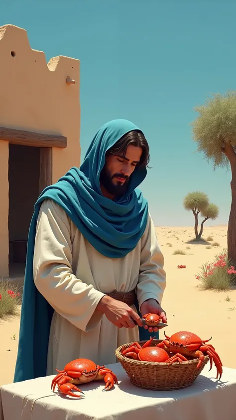 Jesus in blue scarf, in front of desert cottage, cutting crabs on table, busket of crabs on table , sand bush, desert environment, blue sky, desert tree, 