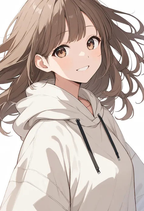  1 woman,  smiles,  gentle expression 、Brown Hair、 semi-long hair、 with clear brown eyes,  white hoodie ,   casual clothes、 upper body、 Simple Background 、Overlooking、whole body、 High Quality 、 Max Image