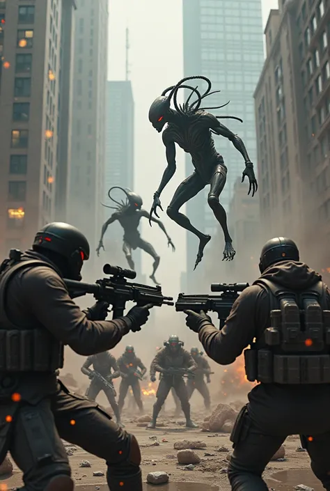 Several aliens fighting with humans 