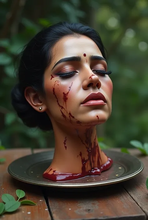 ((India Bride Disembodied head with beautiful face wearing makeup)), severed head on platter, looking away from camera, eye closed, frown, extremely detailed skin texture, best quality, natural light