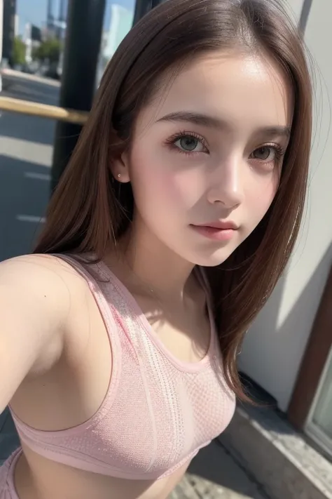 8k,  best quality,   Masterpiece ,  super high resolution, ( realism: 1.4), Original photo, ( realistic skin texture : 1.3), ( Film Grain: 1.3), ( selfie angle ),  1 girl,  pink clothes , Beautiful Face Details,   Masterpiece ,  best quality, close-up, Top...