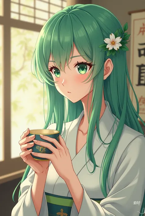  green hair　woman　I have tea　anime