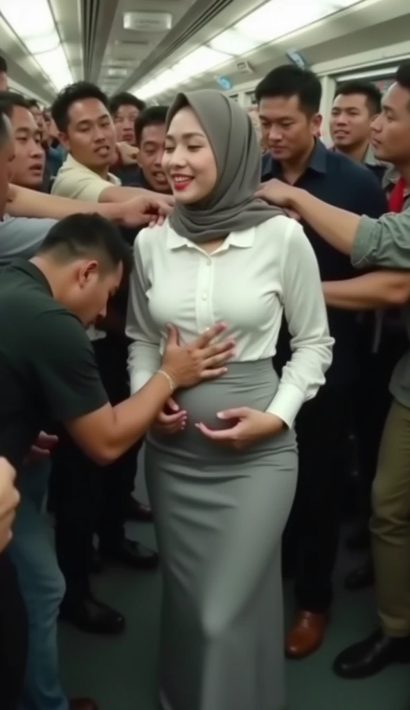 Real image photograph:1.5, high resolution photograph:1.5, (Crazy behavior:1.8), Big Breasts, hijab, Thick Indonesia women, 25 year old beauty, Very beautiful idol face , Large Breasts, (White long satin sleeve button down shirt、Office grey tight white lon...